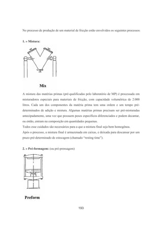 193
No processo de produção de um material de fricção estão envolvidos os seguintes processos:
1. » Mistura:
A mistura das matérias primas (pré-qualificadas pelo laboratório de MP) é processada em
misturadores especiais para materiais de fricção, com capacidade volumétrica de 2.000
litros. Cada um dos componentes da matéria prima tem uma ordem e um tempo pré-
determinados de adição e mistura. Algumas matérias primas precisam ser pré-misturadas
antecipadamente, uma vez que possuem pesos específicos diferenciados e podem decantar,
ou então, entram na composição em quantidades pequenas.
Todos esse cuidados são necessários para a que a mistura final seja bem homogênea.
Após o processo, a mistura final é armazenada em caixas, e deixada para descansar por um
prazo pré-determinado de estocagem (chamado “resting time”).
2. » Pré-formagem: (ou pré-prensagem)
 