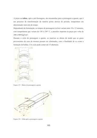 195
A peças ou telhas, após a pré-formagem, são encaminhas para a prensagem a quente, que é
um processo de transformação da matéria prima através de pressão, temperatura em
determinado intervalo de tempo.
Dependendo da formulação, os tempos de prensagem (ciclos) variam entre 10 e 12 minutos,
com temperaturas que variam de 130 à 250° C, e pressões impostas às peças por volta de
200 à 400 Kgf/cm².
Durante o ciclo de prensagem a quente, as matrizes se abrem de modo que os gases
provenientes da cura da mistura possam ser eliminados, com a finalidade de se evitar a
formação de bolhas. Um ciclo pode conter até 15 aberturas.
Figura 135 - Matriz de prensagem a quente
Figura 136 - Telha após a prensagem a quente
 