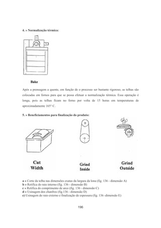 196
4. » Normalização térmica:
Após a prensagem a quente, em função de o processo ser bastante rigoroso, as telhas são
colocadas em fornos para que se possa efetuar a normalização térmica. Essa operação é
longa, pois as telhas ficam no forno por volta de 15 horas em temperaturas de
aproximadamente 165° C.
5. » Beneficiamentos para finalização do produto:
a » Corte da telha nas dimensões exatas da largura da lona (fig. 136 - dimensão A)
b » Retífica do raio interno (fig. 136 - dimensão B)
c » Retífica do comprimento de arco (fig. 136 - dimensão C)
d » Usinagem dos chanfros (fig.136 - dimensão D)
e) Usinagem do raio externo e finalização de espessura (fig. 136 -dimensão E)
 
