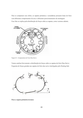40
Para se compensar esse efeito, as sapatas primárias e secundárias possuem lonas de freio
com diferentes comprimentos de arco e diferentes posicionamentos de montagem.
Esse fato se explica pela distribuição de forças sobre as sapatas, como veremos adiante.
Figura 41 - Componentes do Freio Duo-Servo
Vamos analisar brevemente a distribuição de forças sobre as sapatas do freio Duo-Servo:
Esquema de forças geradas nas sapatas do freio duo-servo interligadas pelo floating link:
Para a sapata primária teremos:
 