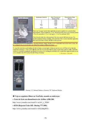 75
Sistema “A” Inboard Brakes e Sistema “B” Outboard Brakes
Veja os seguintes filmes no YouTube, usando os endereços:
» Teste de freio em dinamômetro do AirBus A380-300:
http://www.youtube.com/watch?v=m1dv_y_3EK0
» RTO (Rejected Take Off - Boeing 777-300):
http://www.youtube.com/watch?v=l5N2uBqJbVU
 