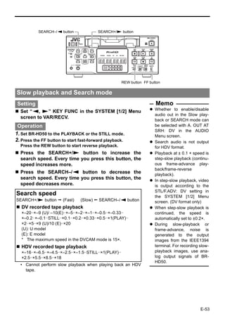 SEARCH–/Q button                SEARCH+/S button




                                                         REW button FF button

Slow playback and Search mode
 Setting                                                                  Memo
                                                                          Whether to enable/disable
  Set “Q, S” KEY FUNC in the SYSTEM [1/2] Menu
                                                                          audio out in the Slow play-
  screen to VAR/RECV.
                                                                          back or SEARCH mode can
 Operation                                                                be selected with A. OUT AT
                                                                          SRH: DV in the AUDIO
1. Set BR-HD50 to the PLAYBACK or the STILL mode.                         Menu screen.
2. Press the FF button to start fast-forward playback.                    Search audio is not output
  Press the REW button to start reverse playback.                         for HDV format.
  Press the SEARCH+/S button to increase the                              Playback at ± 0.1 × speed is
  search speed. Every time you press this button, the                     step-slow playback (continu-
  speed increases more.                                                   ous frame-advance play-
                                                                          back/frame-reverse
  Press the SEARCH–/Q button to decrease the                              playback).
  search speed. Every time you press this button, the                     In step-slow playback, video
  speed decreases more.                                                   is output according to the
                                                                          STL/F.ADV: DV setting in
Search speed                                                              the SYSTEM [1/2] Menu
SEARCH+/S button        (Fast)   (Slow)  SEARCH–/Q button                screen. (DV format only)
   DV recorded tape playback                                              When step-slow playback is
   ×–20··×–9 (U)/ –10(E)··×–5··×–2··×–1··×–0.5··×–0.33··                  continued, the speed is
   ×–0.2··×–0.1··STILL··×0.1··×0.2··×0.33··×0.5··×1(PLAY)··               automatically set to ±0.2×.
   ×2··×5··×9 (U)/10 (E)··×20                                             During slow-playback or
   (U): U model                                                           frame-advance, noise is
   (E): E model                                                           generated to the output
   * The maximum speed in the DVCAM mode is 15×.                          images from the IEEE1394
   HDV recorded tape playback                                             terminal. For recording slow-
   ×–16··×–6.5··×–4.5··×–2.5··×–1.5··STILL··×1(PLAY)··                    playback images, use ana-
   ×2.5··×5.5··×8.5··×18                                                  log output signals of BR-
                                                                          HD50.
  • Cannot perform slow playback when playing back an HDV
    tape.




                                                                                                  E-53
 