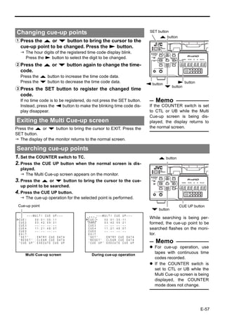 Changing cue-up points                                                                       SET button
                                                                                                  R button
1Press the R or P button to bring the cursor to the
 cue-up point to be changed. Press the S button.
      The hour digits of the registered time code display blink.
      Press the S button to select the digit to be changed.
2Press the R or P button again to change the time-
 code.
  Press the R button to increase the time code data.
  Press the P button to decrease the time code data.                                       Q button         S button
                                                                                                      P button
3Press the SET button to register the changed time
 code.
  If no time code is to be registered, do not press the SET button.                            Memo
  Instead, press the Q button to make the blinking time code dis-                           If the COUNTER switch is set
  play disappear.                                                                           to CTL or UB while the Multi
                                                                                            Cue-up screen is being dis-
Exiting the Multi Cue-up screen                                                             played, the display returns to
Press the R or P button to bring the cursor to EXIT. Press the                              the normal screen.
SET button.
  The display of the monitor returns to the normal screen.

Searching cue-up points
1. Set the COUNTER switch to TC.                                                                 R button
2. Press the CUE UP button when               the normal screen is dis-
  played.
     The Multi Cue-up screen appears on the monitor.
3. Press the R or P button to bring the cursor to the cue-
  up point to be searched.
4. Press the CUE UP button.
      The cue-up operation for the selected point is performed.
 Cue-up point                                                                                                CUE UP button
                                                                                             P button
        – – – MU L T I CU E U P – – – – – –          – – – MU L T I CU E U P – – – – – –
 CUE I         00 : 01 : 35 : 11              CUE I         00 : 01 : 35 : 11
                                                                                            While searching is being per-
 CUE 2
 CUE 3
               03 : 42 : 59 : 21
               –– : –– : –– : ––
                                              CUE 2
                                              CUE 3
                                                            03 : 42 : 59 : 21
                                                            –– : –– : –– : ––
                                                                                            formed, the cue-up point to be
 CUE 4         11 : 21 : 48 : 07              CUE 4         11 : 21 : 48 : 07               searched flashes on the moni-
 CUE 5         –– : –– : –– : ––              CUE 5         –– : –– : –– : ––
 EX I T                                       EX I T                                        tor.
 “ SET ”       : ENTRY CUE DATA               “ SET ”       : ENTRY CUE DATA
 “ RESET ” : CL EAR CUE DATA
 “ CUE UP ” : EXECUTE CUE UP
                                              “ RESET ” : CL EAR CUE DATA
                                              “ CUE UP ” : EXECUTE CUE UP                      Memo
                                                                                               For cue-up operation, use
      Multi Cue-up screen                       During cue-up operation
                                                                                               tapes with continuous time
                                                                                               codes recorded.
                                                                                               If the COUNTER switch is
                                                                                               set to CTL or UB while the
                                                                                               Multi Cue-up screen is being
                                                                                               displayed, the COUNTER
                                                                                               mode does not change.




                                                                                                                       E-57
 