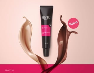 Base Líquida Matte FPS 15
•	 Média cobertura com efeito matte
•	 Longa duração
•	 Não transfere
•	 À prova d’água
•	 Disfarce óptico dos poros e linhas de expressão
•	 Livre de óleos
Ingredientes:
•	 Ácido Hialurônico
•	 Glicerina Vegetal
•	 Microesferas de efeito Soft Focus
BEAUTY 18 BEAUTY 19
PELE
Usodiário30ml
Produto
vegano
Light
Beige
Mocha
Honey
Cinnamon
Cocoa
Diae
noite
Dica de aplicação
Para intensificar a
cobertura, aplique uma
segunda camada antes que
a primeira seque totalmente.
Lembre-se de espalhar o
produto uniformemente
para obter um acabamento
homogêneo.
Novo
impecável
 
