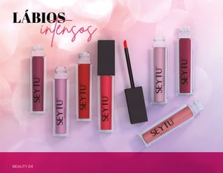 BEAUTY 24 BEAUTY 25
Usodiário4ml
Batom líquido
•	 Efeito matte e cor intensa
•	 Não transfere
•	 Secagem rápida
LÁBIOS
intensos
Produto
vegano
Diae
noite
Enigmatic
Fierce
Confident
Lovely
Authentic
Hearty
Romantic
Novo
 