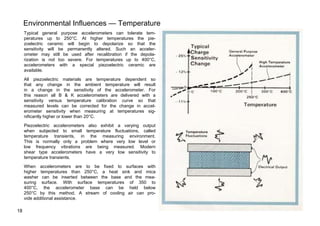 Environmental Influences — Temperature 
Typical general purpose accelerometers can tolerate tem-peratures 
up to 250°C. At higher temperatures the pie-zoelectric 
ceramic will begin to depolarize so that the 
sensitivity will be permanently altered. Such an acceler-ometer 
may still be used after recalibration if the depola-rization 
is not too severe. For temperatures up to 400°C, 
accelerometers with a special piezoelectric ceramic are 
available. 
All piezoelectric materials are temperature dependent so 
that any change in the ambient temperature will result 
in a change in the sensitivity of the accelerometer. For 
this reason all B & K accelerometers are delivered with a 
sensitivity versus temperature calibration curve so that 
measured levels can be corrected for the change in accel-erometer 
sensitivity when measuring at temperatures sig-nificantly 
higher or lower than 20°C. 
Piezoelectric accelerometers also exhibit a varying output 
when subjected to small temperature fluctuations, called 
temperature transients, in the measuring environment. 
This is normally only a problem where very low level or 
low frequency vibrations are being measured. Modern 
shear type accelerometers have a very low sensitivity to 
temperature transients. 
When accelerometers are to be fixed to surfaces with 
higher temperatures than 250°C, a heat sink and mica 
washer can be inserted between the base and the mea-suring 
surface. With surface temperatures of 350 to 
400°C, the accelerometer base can be held below 
250°C by this method. A stream of cooling air can pro-vide 
additional assistance. 
18 
 