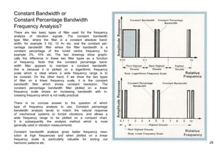 Constant Bandwidth or 
Constant Percentage Bandwidth 
Frequency Analysis? 
There are two basic types of filter used for the frequency 
analysis of vibration signals. The constant bandwidth 
type filter, where the filter is a constant absolute band-width, 
for example 3 Hz, 10 Hz etc. and the constant per-centage 
bandwidth filter where the filter bandwidth is a 
constant percentage of the tuned centre frequency, for 
example 3%, 10% etc. The two drawings show graphi-cally 
the difference in these two filter types as a function 
of frequency. Note that the constant percentage band-width 
filter appears to maintain a constant bandwidth, 
this is because it is plotted on a logarithmic frequency 
scale which is ideal where a wide frequency range is to 
be covered. On the other hand, if we show the two types 
of filter on a linear frequency scale, it is the constant 
bandwidth filter which shows constant resolution. The 
constant percentage bandwidth filter plotted on a linear 
frequency scale shows an increasing bandwidth with in-creasing 
frequency which is not really practical. 
There is no concise answer to the question of which 
type of frequency analysis to use. Constant percentage 
bandwidth analysis tends to match the natural response 
of mechanical systems to forced vibrations, and allows a 
wide frequency range to be plotted on a compact chart. 
It is subsequently the analysis method which is most 
generally used in vibration measurements. 
Constant bandwidth analysis gives better frequency reso-lution 
at high frequencies and when plotted on a linear 
frequency scale is particularly valuable for sorting out 
harmonic patterns etc. 29 
 