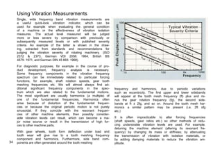 frequency and harmonics, due to periodic variations 
such as eccentricity. The first upper and lower sidebands 
will appear at the tooth mesh frequency (ft) plus and mi-nus 
the gear rotation frequency (fg), the second side-bands 
at ft ± 2fg, and so on. Around the tooth mesh har-monics 
a similar pattern may be present (i.e. 2ft ±fg 
etc.) 
It is often impracticable to alter forcing frequencies 
(shaft speeds, gear ratios etc.) so other methods of redu-cing 
undersirable vibration levels are used. For example. 
detuning the machine element (altering its resonant fre-quency) 
by changing its mass or stiffness; by attenuating 
the transmission of vibration with isolation materials, or 
by adding damping materials to reduce the vibration am-plitude. 
Using Vibration Measurements 
Single, wide frequency band vibration measurements are 
a useful quick-look vibration indicator, which can be 
used for example when evaluating the general condition 
of a machine or the effectiveness of vibration isolation 
measures. The actual level measured will be judged 
more or less severe by comparison with previously or 
subsequently measured levels or with published severity 
criteria. An example of the latter is shown in the draw-ing, 
extracted from standards and recommendations for 
judging the vibration severity of rotating machinery. (ISO 
2372 & 2373, German VDI 2056: 1964; British BS 
4675: 1971, and German DIN 45 665: 1968). 
For diagnostic purposes, for example in the course of pro-duct 
development, frequency analysis is necessary. 
Some frequency components in the vibration frequency 
spectrum can be immediately related to particular forcing 
functions, for example, shaft rotation speeds, gear tooth 
meshing frequencies etc. We will almost always find ad-ditional 
significant frequency components in the spec-trum 
which are also related to the fundamental motions. 
The most significant are usually harmonics (a multiple) of 
one of the fundamental frequencies. Harmonics often 
arise because of distortion of the fundamental frequen-cies 
or because the original periodic motion is not purely 
sinusoidal. If they coincide with the resonant frequen-cies 
of other machine elements, then possibly consider-able 
vibration levels can result, which can become a ma-jor 
noise source or result in the transmission of high for-ces 
to other machine parts. 
With gear wheels, tooth form deflection under load and 
tooth wear will give rise to a tooth meshing frequency 
component and harmonics. Furthermore, side band com- 
34 ponents are often generated around the tooth meshing 
 