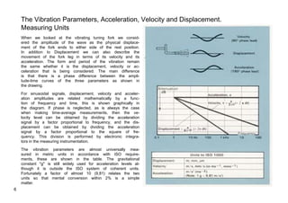 The Vibration Parameters, Acceleration, Velocity and Displacement. 
Measuring Units 
When we looked at the vibrating tuning fork we consid-ered 
the amplitude of the wave as the physical displace-ment 
of the fork ends to either side of the rest position. 
In addition to Displacement we can also describe the 
movement of the fork leg in terms of its velocity and its 
acceleration. The form and period of the vibration remain 
the same whether it is the displacement, velocity or ac-celeration 
that is being considered. The main difference 
is that there is a phase difference between the ampli-tude- 
time curves of the three parameters as shown in 
the drawing. 
For sinusoidal signals, displacement, velocity and acceler-ation 
amplitudes are related mathematically by a func-tion 
of frequency and time, this is shown graphically in 
the diagram. If phase is neglected, as is always the case 
when making time-average measurements, then the ve-locity 
level can be obtained by dividing the acceleration 
signal by a factor proportional to frequency, and the dis-placement 
can be obtained by dividing the acceleration 
signal by a factor proportional to the square of fre-quency. 
This division is performed by electronic integra-tors 
in the measuring instrumentation. 
The vibration parameters are almost universally mea-sured 
in metric units in accordance with ISO require-ments, 
these are shown in the table. The gravitational 
constant "g" is still widely used for acceleration levels al-though 
it is outside the ISO system of coherent units. 
Fortunately a factor of almost 10 (9,81) relates the two 
units so that mental conversion within 2% is a simple 
matter. 
6 
 