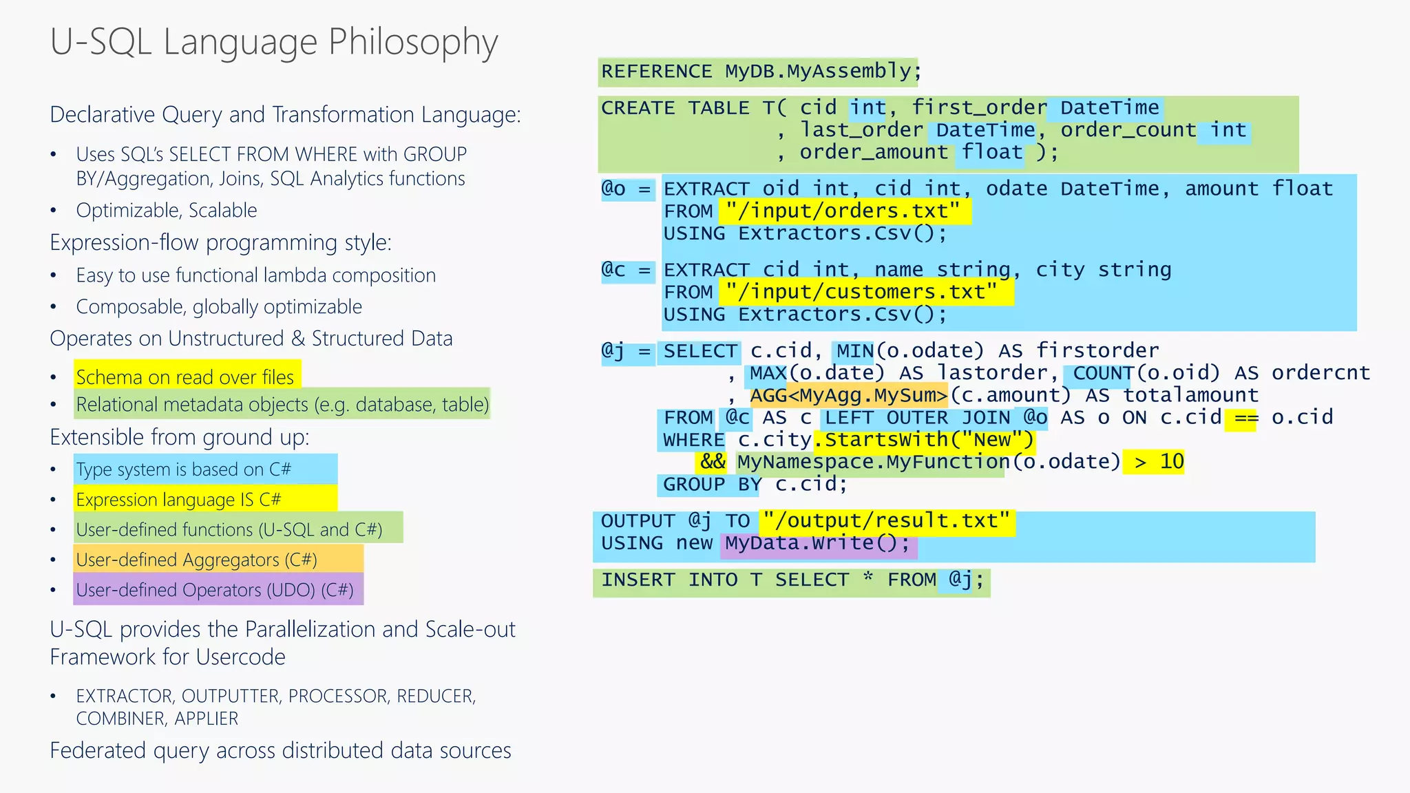 U-SQL Language Philosophy
Declarative Query and Transformation Language:
• Uses SQL’s SELECT FROM WHERE with GROUP
BY/Aggregation, Joins, SQL Analytics functions
• Optimizable, Scalable
Expression-flow programming style:
• Easy to use functional lambda composition
• Composable, globally optimizable
Operates on Unstructured & Structured Data
• Schema on read over files
• Relational metadata objects (e.g. database, table)
Extensible from ground up:
• Type system is based on C#
• Expression language IS C#
• User-defined functions (U-SQL and C#)
• User-defined Aggregators (C#)
• User-defined Operators (UDO) (C#)
U-SQL provides the Parallelization and Scale-out
Framework for Usercode
• EXTRACTOR, OUTPUTTER, PROCESSOR, REDUCER,
COMBINER, APPLIER
Federated query across distributed data sources
REFERENCE MyDB.MyAssembly;
CREATE TABLE T( cid int, first_order DateTime
, last_order DateTime, order_count int
, order_amount float );
@o = EXTRACT oid int, cid int, odate DateTime, amount float
FROM "/input/orders.txt"
USING Extractors.Csv();
@c = EXTRACT cid int, name string, city string
FROM "/input/customers.txt"
USING Extractors.Csv();
@j = SELECT c.cid, MIN(o.odate) AS firstorder
, MAX(o.date) AS lastorder, COUNT(o.oid) AS ordercnt
, AGG<MyAgg.MySum>(c.amount) AS totalamount
FROM @c AS c LEFT OUTER JOIN @o AS o ON c.cid == o.cid
WHERE c.city.StartsWith("New")
&& MyNamespace.MyFunction(o.odate) > 10
GROUP BY c.cid;
OUTPUT @j TO "/output/result.txt"
USING new MyData.Write();
INSERT INTO T SELECT * FROM @j;
 