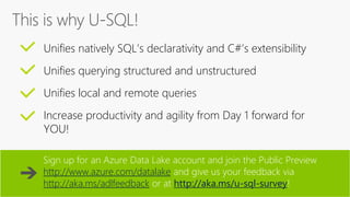 Unifies natively SQL’s declarativity and C#’s extensibility
Unifies querying structured and unstructured
Unifies local and remote queries
Increase productivity and agility from Day 1 forward for
YOU!
Sign up for an Azure Data Lake account and join the Public Preview
http://www.azure.com/datalake and give us your feedback via
http://aka.ms/adlfeedback or at http://aka.ms/u-sql-survey!
 