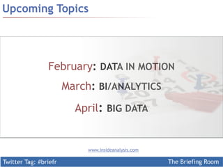 Twitter Tag: #briefr The Briefing Room
Upcoming Topics
www.insideanalysis.com
February: DATA IN MOTION
March: BI/ANALYTICS
April: BIG DATA
 