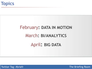 Twitter Tag: #briefr The Briefing Room
Topics
February: DATA IN MOTION
March: BI/ANALYTICS
April: BIG DATA
 