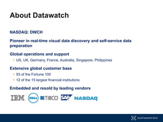 NASDAQ: DWCH
Pioneer in real-time visual data discovery and self-service data
preparation
Global operations and support
§  US, UK, Germany, France, Australia, Singapore, Philippines
Extensive global customer base
§  93 of the Fortune 100
§  12 of the 15 largest financial institutions
Embedded and resold by leading vendors
About Datawatch
 