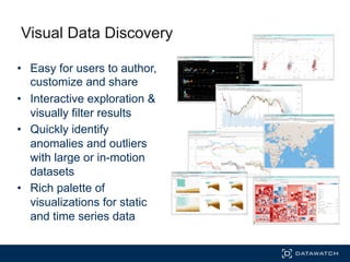 Visual Data Discovery
•  Easy for users to author,
customize and share
•  Interactive exploration &
visually filter results
•  Quickly identify
anomalies and outliers
with large or in-motion
datasets
•  Rich palette of
visualizations for static
and time series data
 
