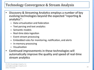 Technology	
  Convergence	
  &	
  Stream	
  Analysis	
  
•  Discovery	
  &	
  Streaming	
  Analy'cs	
  employs	
  a	
  number	
  of	
  key	
  
evolving	
  technologies	
  beyond	
  the	
  expected	
  “repor'ng	
  &	
  
analy'cs”:	
  
–  Data	
  virtualiza'on	
  and	
  federa'on	
  
–  Text	
  parsing	
  and	
  text	
  analy'cs	
  
–  Seman'c	
  models	
  
–  Real-­‐'me	
  data	
  inges'on	
  
–  Event	
  stream	
  processing	
  
–  Embedded	
  rules	
  for	
  monitoring,	
  no'ﬁca'on,	
  and	
  alerts	
  
–  In-­‐memory	
  processing	
  
–  Visualiza'on	
  
•  Con'nued	
  improvements	
  in	
  these	
  technologies	
  will	
  
automa'cally	
  improve	
  the	
  quality	
  and	
  speed	
  of	
  real-­‐'me	
  
stream	
  analy'cs	
  
©	
  2015	
  Knowledge	
  Integrity,	
  Inc	
  
loshin@knowledge-­‐integrity.com	
  
(301)	
  754-­‐6350	
  
29	
  
 