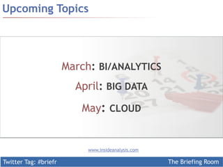 Twitter Tag: #briefr The Briefing Room
Upcoming Topics
www.insideanalysis.com
March: BI/ANALYTICS
April: BIG DATA
May: CLOUD
 