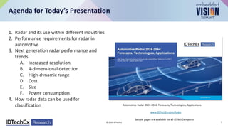 Agenda for Today’s Presentation
1. Radar and its use within different industries
2. Performance requirements for radar in
automotive
3. Next generation radar performance and
trends
A. Increased resolution
B. 4-dimensional detection
C. High-dynamic range
D. Cost
E. Size
F. Power consumption
4. How radar data can be used for
classification Automotive Radar 2024-2044: Forecasts, Technologies, Applications
www.IDTechEx.com/Radar
Sample pages are available for all IDTechEx reports
© 2024 IDTechEx 3
 