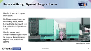Uhnder is also working on
HDR radars.
Mobileye concentrates on
minimizing noise, hence
being able to distinguish very
low reflectivity objects from
noise.
Uhnder uses a novel
emission encoding technique
to improve dynamic range –
Digital Code Modulation
(DCM).
Radars With High Dynamic Range - Uhnder
© 2024 IDTechEx
Image Sources: Uhnder
31
 