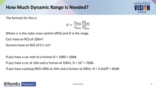 The formula for this is
𝐷 =
𝜎𝑚𝑎𝑥
𝜎𝑚𝑖𝑛
𝑅𝑚𝑎𝑥
4
𝑅𝑚𝑖𝑛
4
Where 𝜎 is the radar cross section (RCS) and 𝑅 is the range.
Cars have an RCS of 100m2
Humans have an RCS of 0.1-1m2
If you have a car next to a human D = 1000 = 30dB.
If you have a car at 10m and a human at 100m, D = 107 = 70dB.
If you have a pickup (RCS=200) at 10m and a human at 200m, D = 3.2x108 = 85dB
How Much Dynamic Range is Needed?
© 2024 IDTechEx 32
 