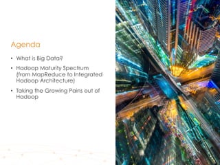 12
•  What is Big Data?
•  Hadoop Maturity Spectrum
(from MapReduce to Integrated
Hadoop Architecture)
•  Taking the Growing Pains out of
Hadoop
Agenda
 
