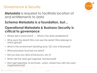 29
Metadata is required to facilitate location of
and entitlements to data
Schema Metadata is a foundation, but…
Operational Metadata & Business-Security is
critical to governance
•  Where did it come from? … What is the data serialization?
•  Who owns the data? Who can see the data? Who belongs to
which group?
•  What is the environment (landing zone, OS, Line of Business)?
•  What processes touched my data?
•  Did you lose any data (Checksums, etc.)?
•  When did the data get ingested, transformed?
•  Did it get exported, or archived…when, where how will it be used
(organizational)?
Governance & Security
© 2015 Think Big, a Teradata Company 6/16/15
 