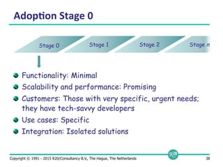 Copyright © 1991 - 2015 R20/Consultancy B.V., The Hague, The Netherlands 38
Adop9on	
  Stage	
  0	
  
  Functionality: Minimal
  Scalability and performance: Promising
  Customers: Those with very specific, urgent needs;
they have tech-savvy developers
  Use cases: Specific
  Integration: Isolated solutions
Stage 0 Stage 1 Stage 2 Stage n
 