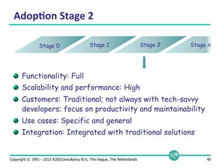 Copyright © 1991 - 2015 R20/Consultancy B.V., The Hague, The Netherlands 40
Adop9on	
  Stage	
  2	
  
  Functionality: Full
  Scalability and performance: High
  Customers: Traditional; not always with tech-savvy
developers; focus on productivity and maintainability
  Use cases: Specific and general
  Integration: Integrated with traditional solutions
Stage 0 Stage 1 Stage 2 Stage n
 
