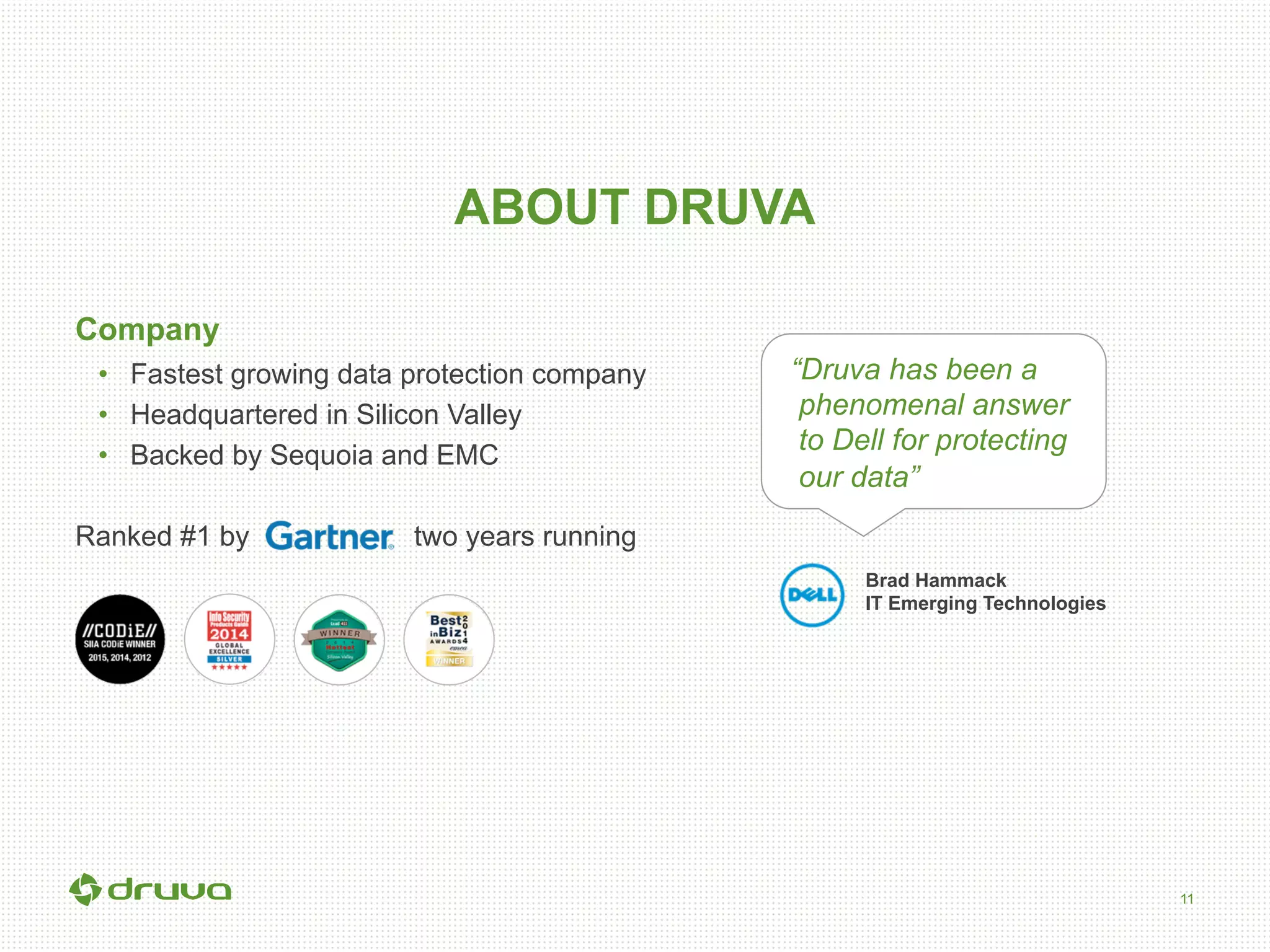 11
“Druva has been a
phenomenal answer
to Dell for protecting
our data”
ABOUT DRUVA
Company
•  Fastest growing data protection company
•  Headquartered in Silicon Valley
•  Backed by Sequoia and EMC
Ranked #1 by two years running
Brad Hammack
IT Emerging Technologies
 