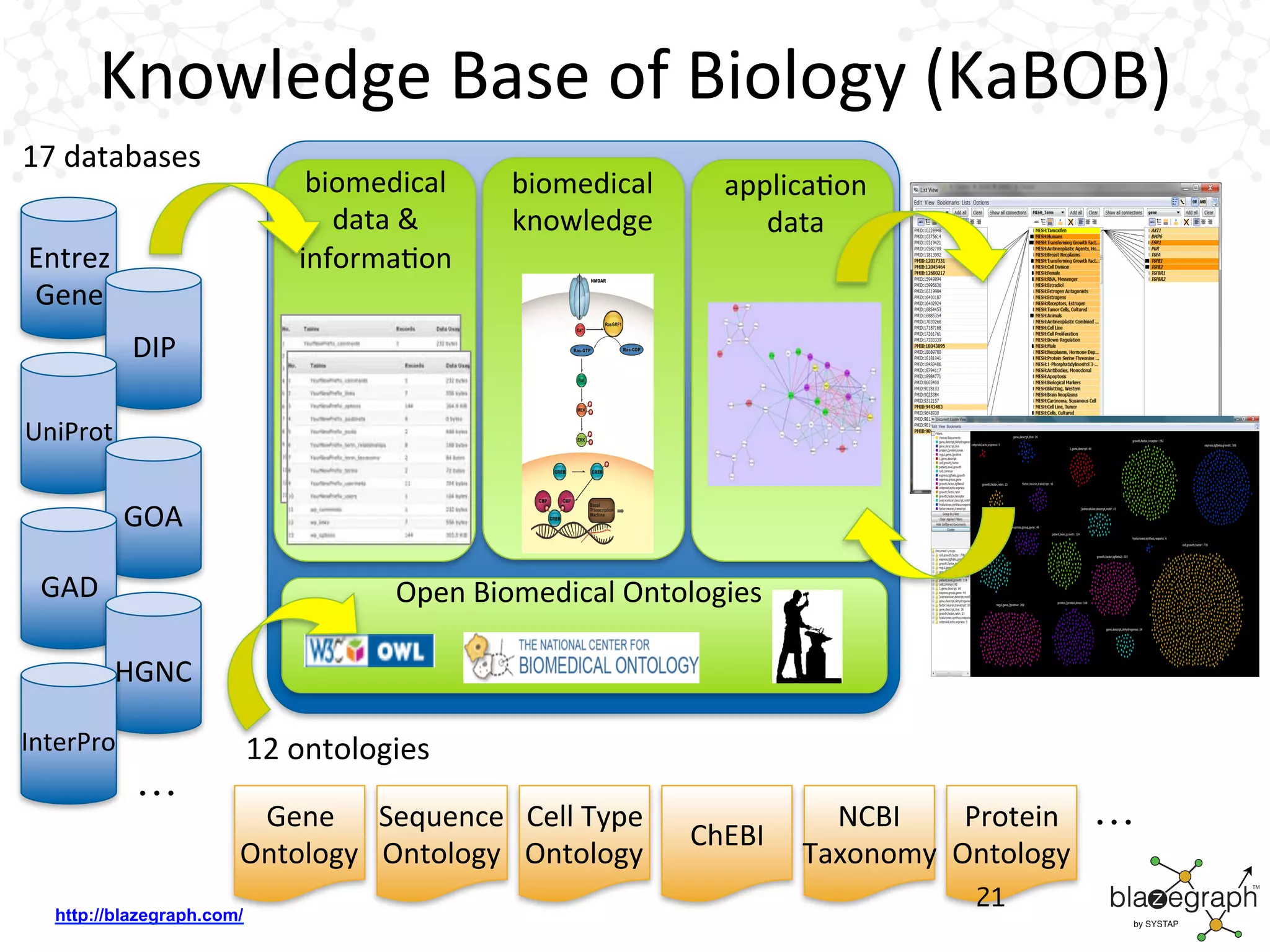 http://blazegraph.com/
Knowledge	
  Base	
  of	
  Biology	
  (KaBOB)	
  
Open	
  Biomedical	
  Ontologies	
  
biomedical	
  	
  
data	
  &	
  
informaBon	
  
applicaBon	
  
data	
  
biomedical	
  
knowledge	
  
Entrez	
  
Gene	
  
17	
  databases	
  
DIP	
  
UniProt	
  
GOA	
  
GAD	
  
HGNC	
  
InterPro	
  
Gene	
  
Ontology	
  
Sequence	
  
Ontology	
  
Cell	
  Type	
  
Ontology	
  
ChEBI	
  
NCBI	
  
Taxonomy	
  
Protein	
  
Ontology	
  
12	
  ontologies	
  
…
…
21
 