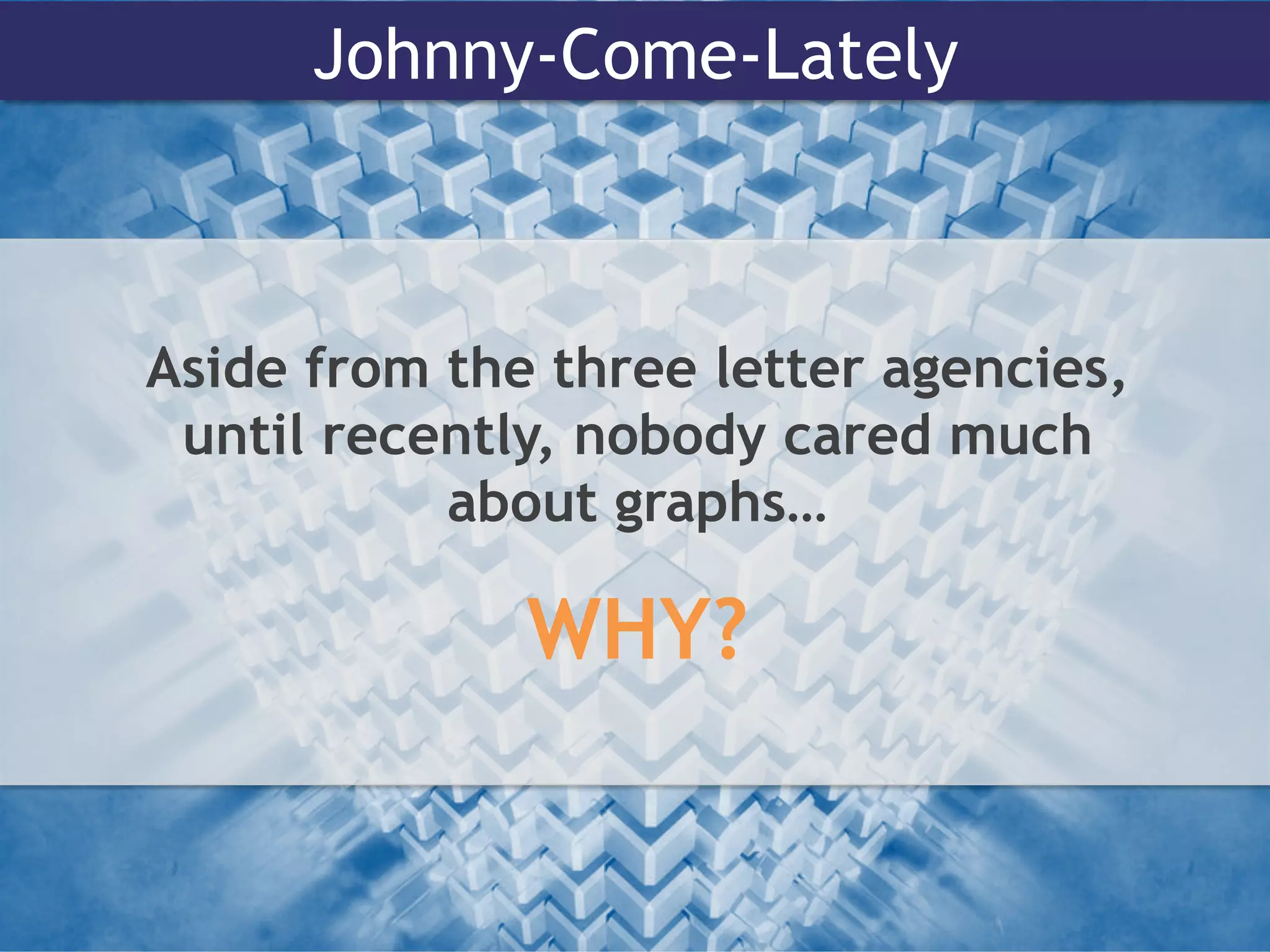 Johnny-Come-Lately
Aside from the three letter agencies,
until recently, nobody cared much
about graphs…
WHY?
 