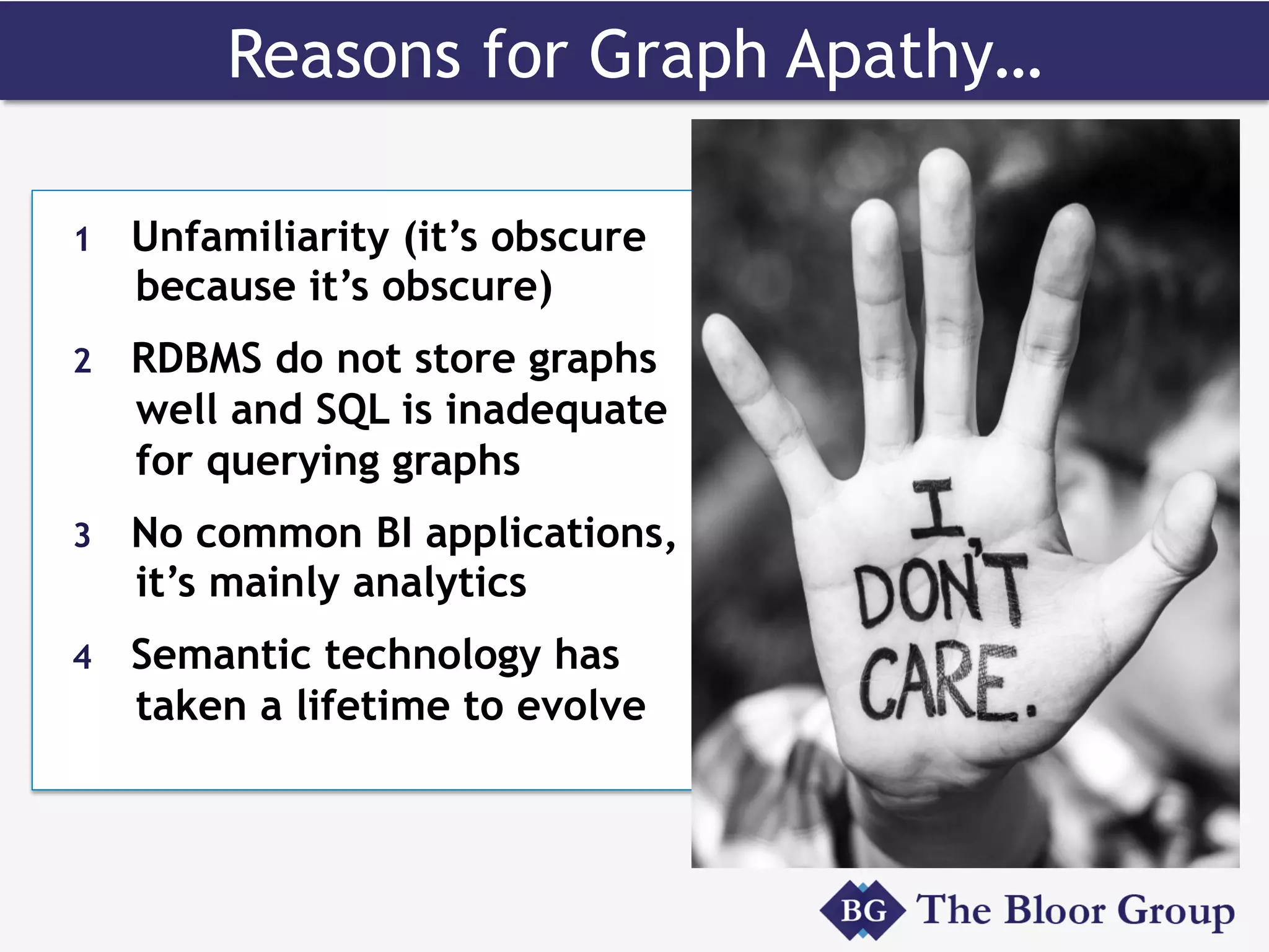 Reasons for Graph Apathy…
1  Unfamiliarity (it’s obscure
because it’s obscure)
2  RDBMS do not store graphs
well and SQL is inadequate
for querying graphs
3  No common BI applications,
it’s mainly analytics
4  Semantic technology has
taken a lifetime to evolve
 