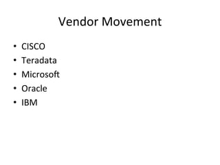 Vendor	
  Movement	
  
•  CISCO	
  
•  Teradata	
  
•  MicrosoU	
  
•  Oracle	
  
•  IBM	
  
	
  
 