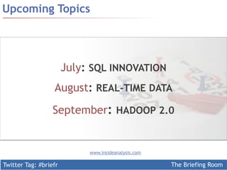 Twitter Tag: #briefr The Briefing Room
Upcoming Topics
www.insideanalysis.com
July: SQL INNOVATION
August: REAL-TIME DATA
September: HADOOP 2.0
 