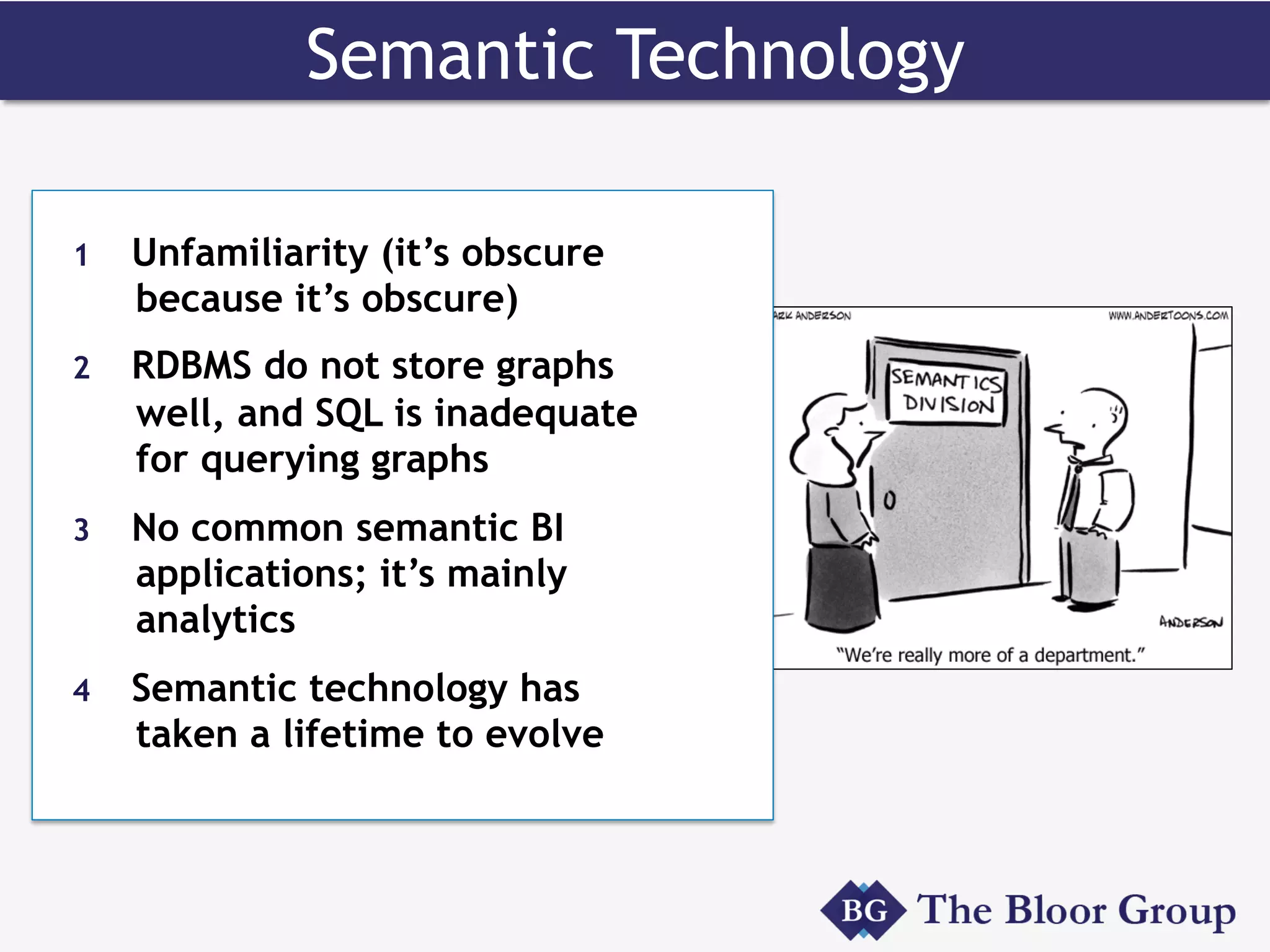 Semantic Technology
1  Unfamiliarity (it’s obscure
because it’s obscure)
2  RDBMS do not store graphs
well, and SQL is inadequate
for querying graphs
3  No common semantic BI
applications; it’s mainly
analytics
4  Semantic technology has
taken a lifetime to evolve
 