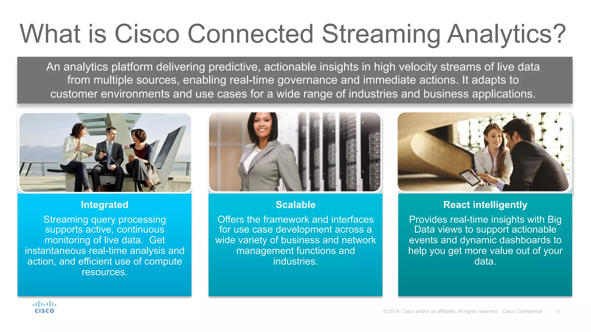 11© 2014 Cisco and/or its affiliates. All rights reserved. Cisco Confidential
Integrated
Streaming query processing
supports active, continuous
monitoring of live data. Get
instantaneous real-time analysis and
action, and efficient use of compute
resources.
Scalable
Offers the framework and interfaces
for use case development across a
wide variety of business and network
management functions and
industries.
React intelligently
Provides real-time insights with Big
Data views to support actionable
events and dynamic dashboards to
help you get more value out of your
data.
What is Cisco Connected Streaming Analytics?
An analytics platform delivering predictive, actionable insights in high velocity streams of live data
from multiple sources, enabling real-time governance and immediate actions. It adapts to
customer environments and use cases for a wide range of industries and business applications.
 