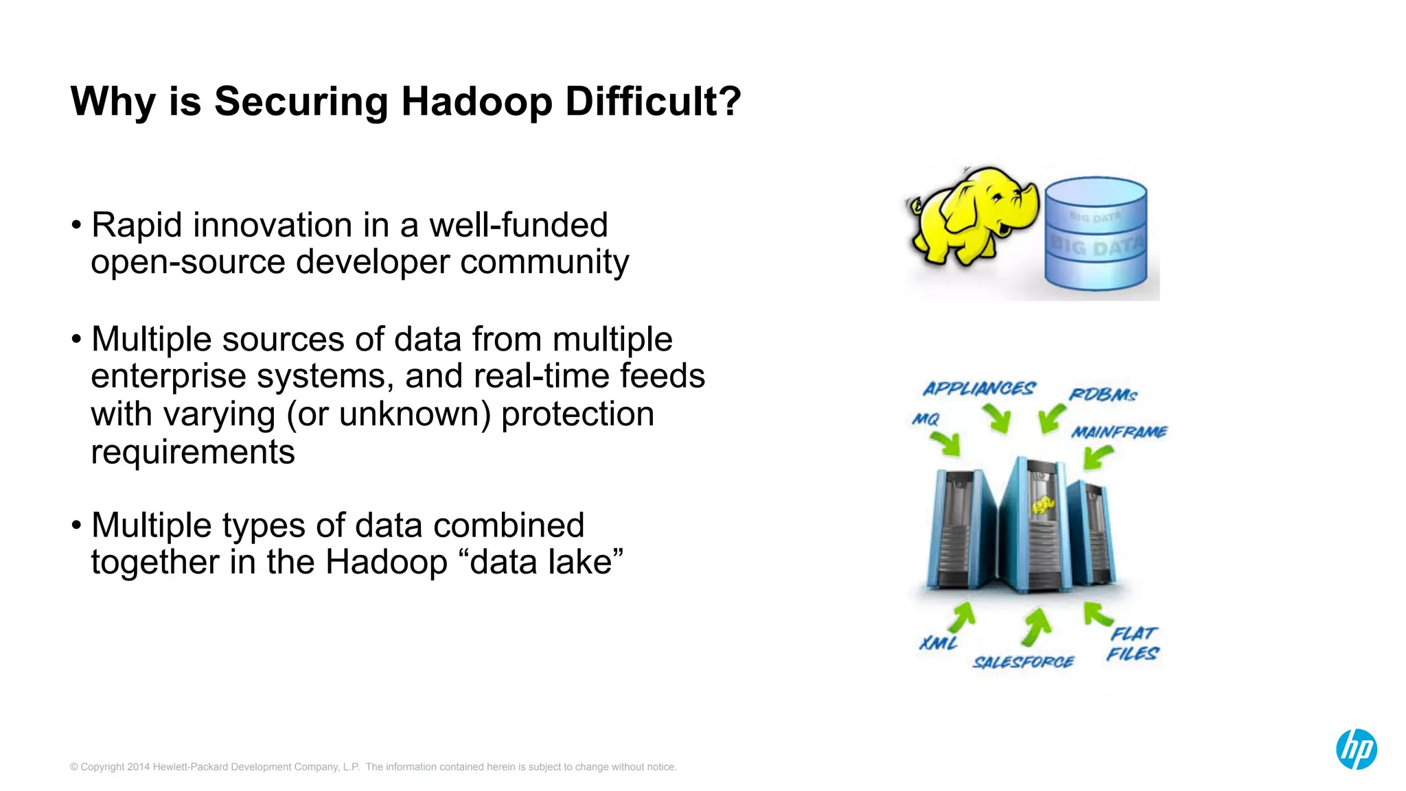 © Copyright 2014 Hewlett-Packard Development Company, L.P. The information contained herein is subject to change without notice.
Why is Securing Hadoop Difficult?
• Multiple sources of data from multiple
enterprise systems, and real-time feeds
with varying (or unknown) protection
requirements
• Rapid innovation in a well-funded
open-source developer community
• Multiple types of data combined
together in the Hadoop “data lake”
 