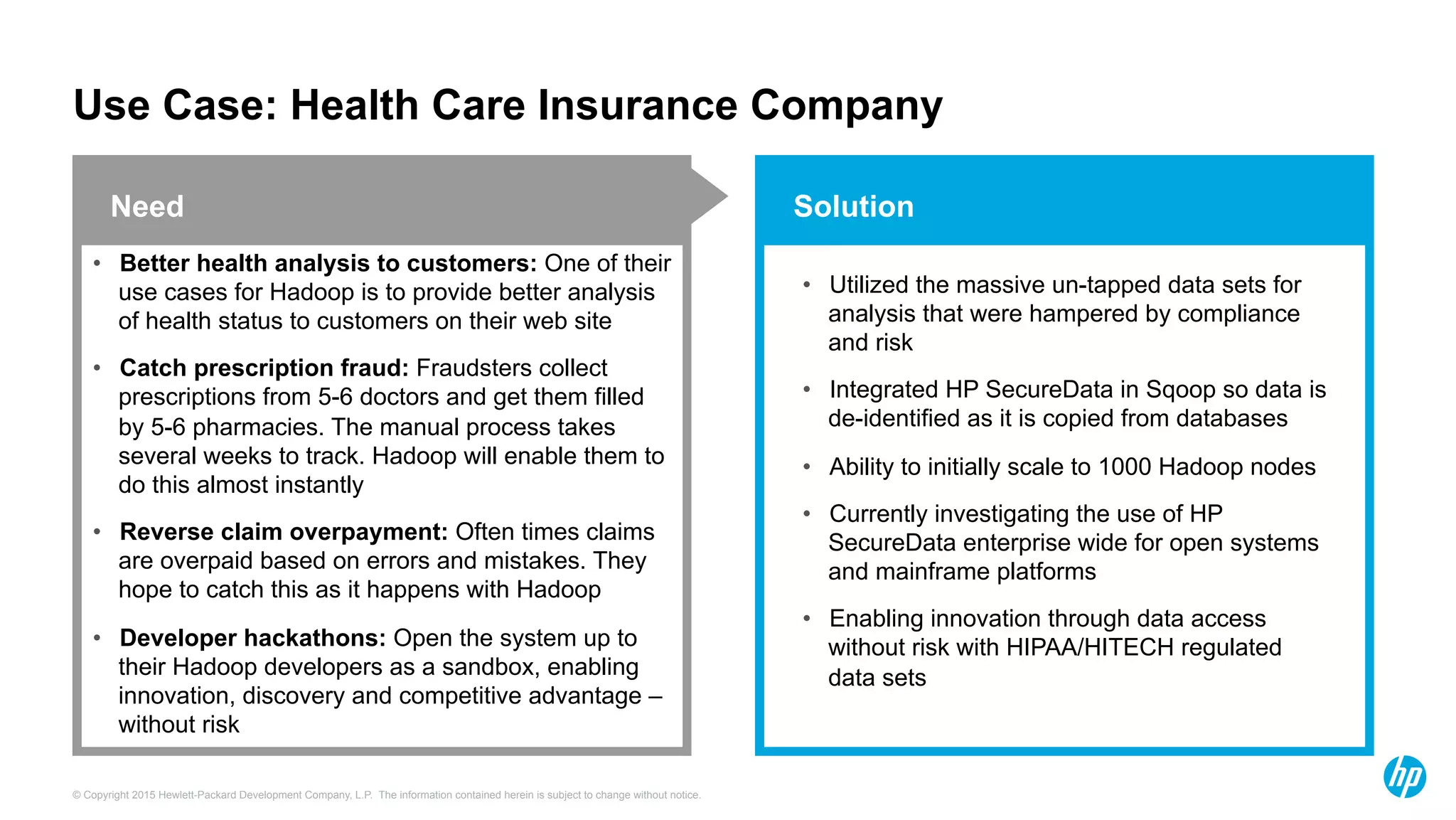 © Copyright 2015 Hewlett-Packard Development Company, L.P. The information contained herein is subject to change without notice.
Solution
•  Better health analysis to customers: One of their
use cases for Hadoop is to provide better analysis
of health status to customers on their web site
•  Catch prescription fraud: Fraudsters collect
prescriptions from 5-6 doctors and get them filled
by 5-6 pharmacies. The manual process takes
several weeks to track. Hadoop will enable them to
do this almost instantly
•  Reverse claim overpayment: Often times claims
are overpaid based on errors and mistakes. They
hope to catch this as it happens with Hadoop
•  Developer hackathons: Open the system up to
their Hadoop developers as a sandbox, enabling
innovation, discovery and competitive advantage –
without risk
Use Case: Health Care Insurance Company
Need
•  Utilized the massive un-tapped data sets for
analysis that were hampered by compliance
and risk
•  Integrated HP SecureData in Sqoop so data is
de-identified as it is copied from databases
•  Ability to initially scale to 1000 Hadoop nodes
•  Currently investigating the use of HP
SecureData enterprise wide for open systems
and mainframe platforms
•  Enabling innovation through data access
without risk with HIPAA/HITECH regulated
data sets
 