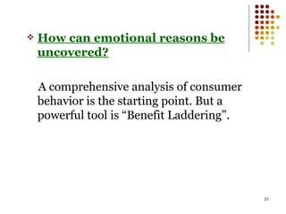 How can emotional reasons be uncovered? A comprehensive analysis of consumer behavior is the starting point. But a powerful tool is “Benefit Laddering”. 