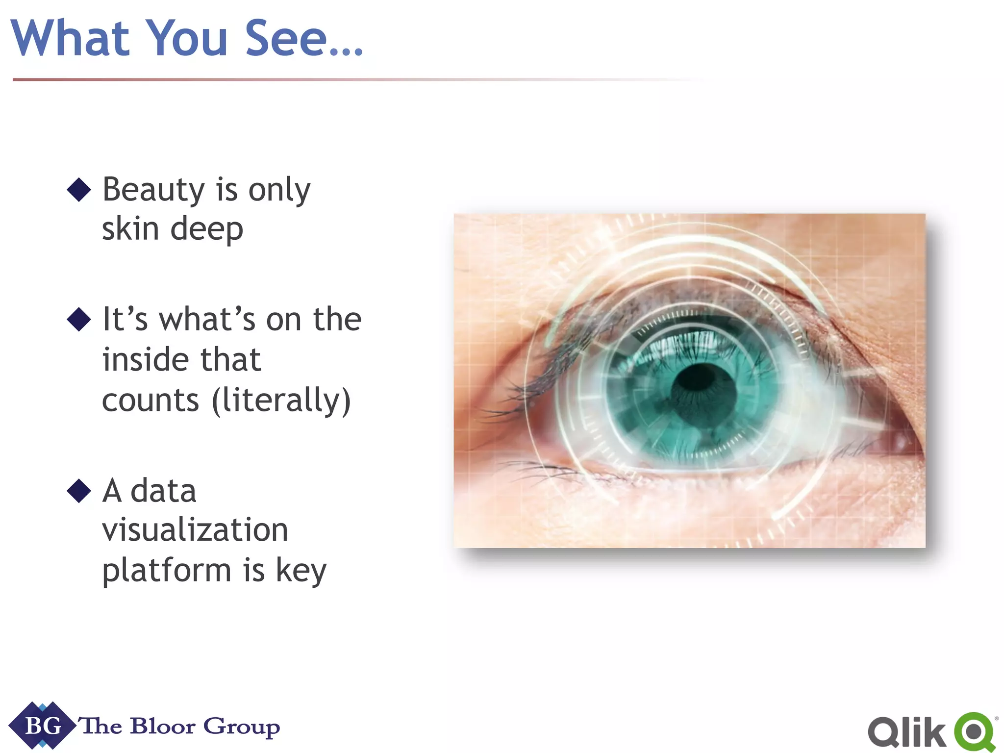 What You See…
u Beauty is only
skin deep
u It’s what’s on the
inside that
counts (literally)
u A data
visualization
platform is key
 