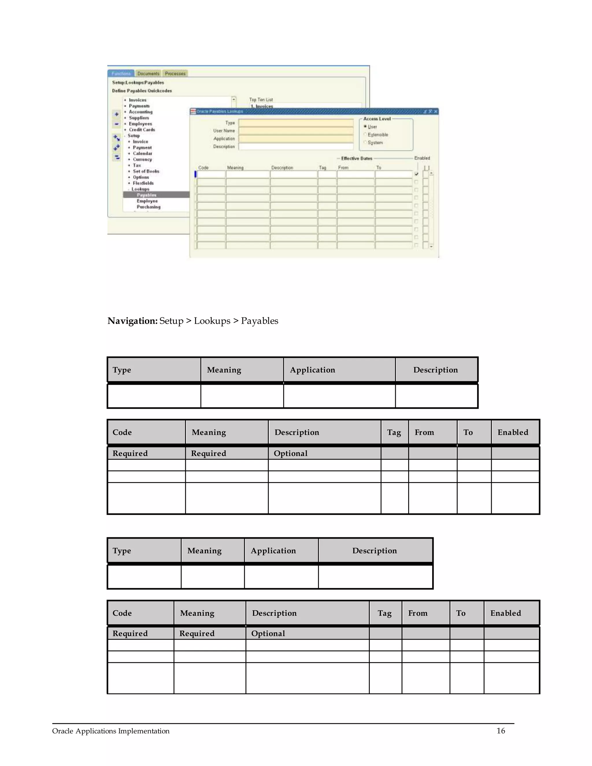 Oracle Applications Implementation 16
Navigation: Setup > Lookups > Payables
Type Meaning Application Description
Code Meaning Description Tag From To Enabled
Required Required Optional
Type Meaning Application Description
Code Meaning Description Tag From To Enabled
Required Required Optional
 