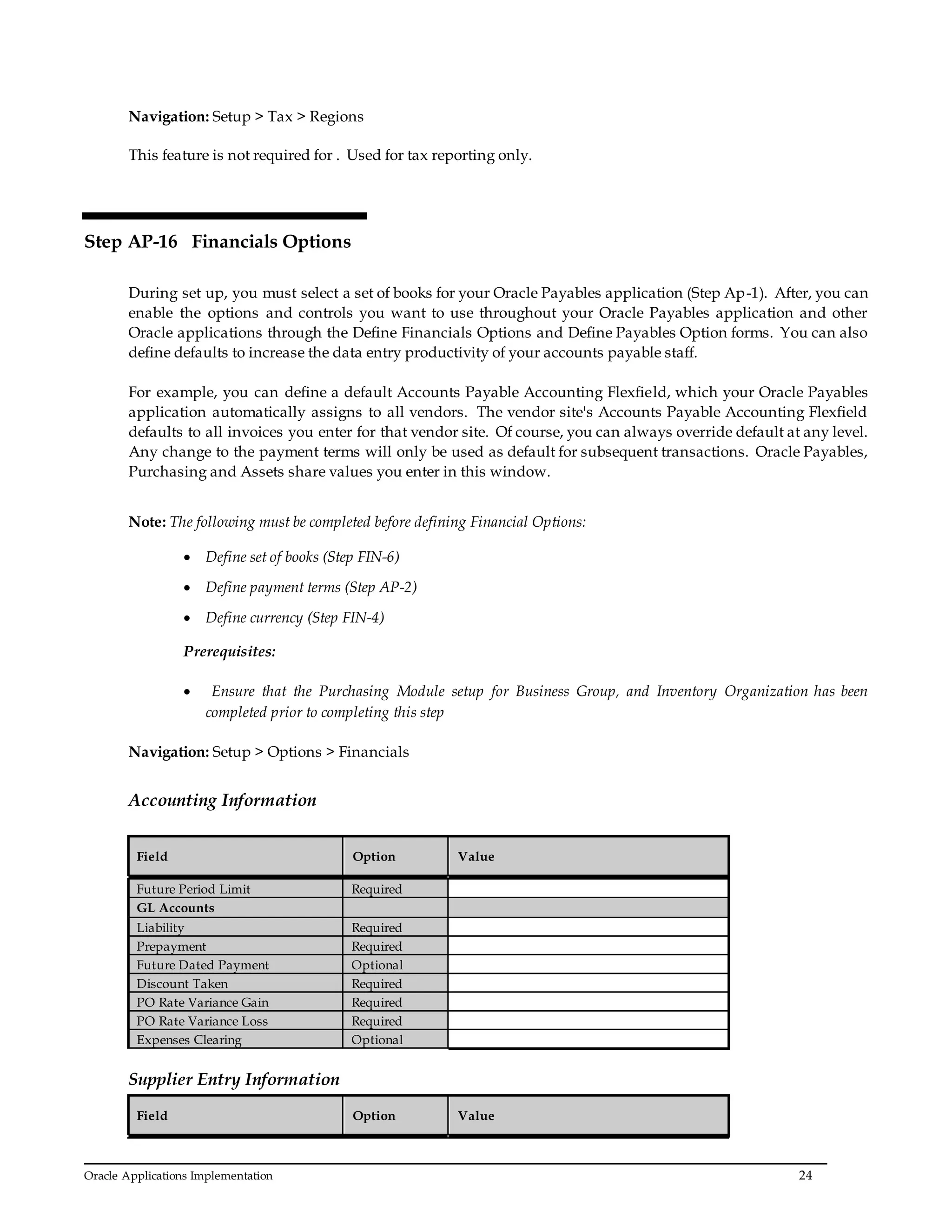 Oracle Applications Implementation 24
Navigation: Setup > Tax > Regions
This feature is not required for . Used for tax reporting only.
Step AP-16 Financials Options
During set up, you must select a set of books for your Oracle Payables application (Step Ap-1). After, you can
enable the options and controls you want to use throughout your Oracle Payables application and other
Oracle applications through the Define Financials Options and Define Payables Option forms. You can also
define defaults to increase the data entry productivity of your accounts payable staff.
For example, you can define a default Accounts Payable Accounting Flexfield, which your Oracle Payables
application automatically assigns to all vendors. The vendor site's Accounts Payable Accounting Flexfield
defaults to all invoices you enter for that vendor site. Of course, you can always override default at any level.
Any change to the payment terms will only be used as default for subsequent transactions. Oracle Payables,
Purchasing and Assets share values you enter in this window.
Note: The following must be completed before defining Financial Options:
 Define set of books (Step FIN-6)
 Define payment terms (Step AP-2)
 Define currency (Step FIN-4)
Prerequisites:
 Ensure that the Purchasing Module setup for Business Group, and Inventory Organization has been
completed prior to completing this step
Navigation: Setup > Options > Financials
Accounting Information
Field Option Value
Future Period Limit Required
GL Accounts
Liability Required
Prepayment Required
Future Dated Payment Optional
Discount Taken Required
PO Rate Variance Gain Required
PO Rate Variance Loss Required
Expenses Clearing Optional
Supplier Entry Information
Field Option Value
 