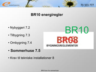 BR10 krav for sommerhuse
70 333 777
• Nybyggeri 7.2
BR10 energiregler
• Tilbygning 7.3
• Ombygning 7.4
• Krav til tekniske installationer 8
• Sommerhuse 7.5
BR10
 