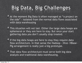 At the moment Big Data is often managed as “a project on
                     the side” - isolated from the normal data fl...