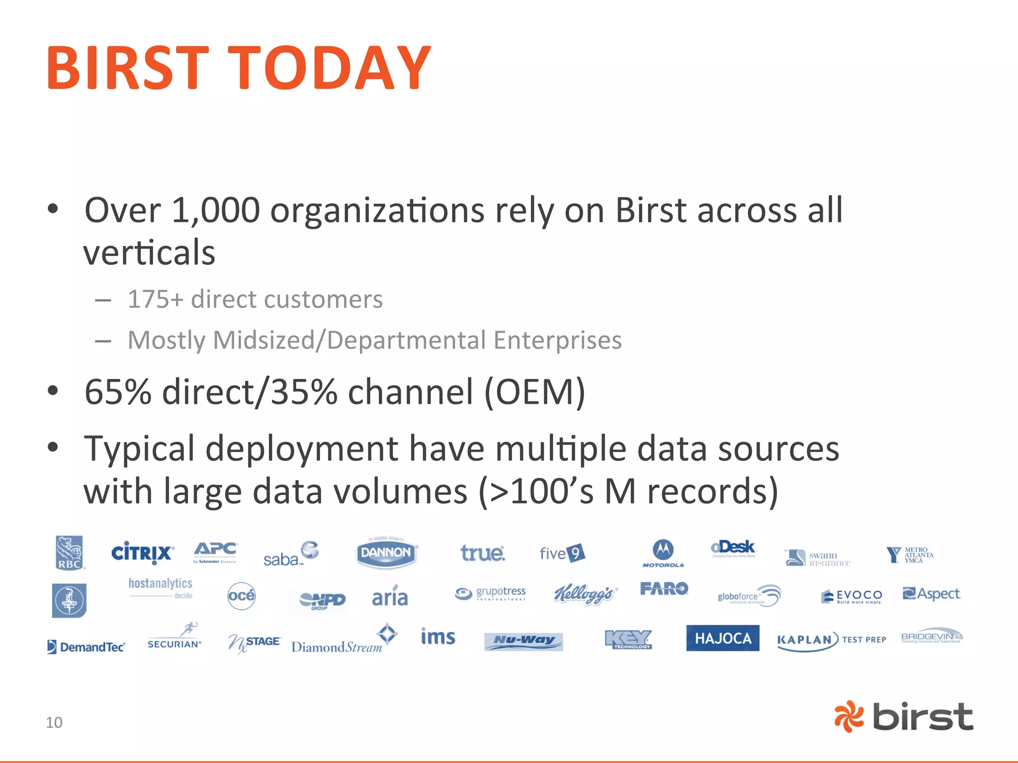 BIRST	
  TODAY	
  
•  Over	
  1,000	
  organiza=ons	
  rely	
  on	
  Birst	
  across	
  all	
  
   ver=cals	
  
         –  175+	
  direct	
  customers	
  
         –  Mostly	
  Midsized/Departmental	
  Enterprises	
  
•  65%	
  direct/35%	
  channel	
  (OEM)	
  
•  Typical	
  deployment	
  have	
  mul=ple	
  data	
  sources	
  
   with	
  large	
  data	
  volumes	
  (>100’s	
  M	
  records)	
  




10	
  
 