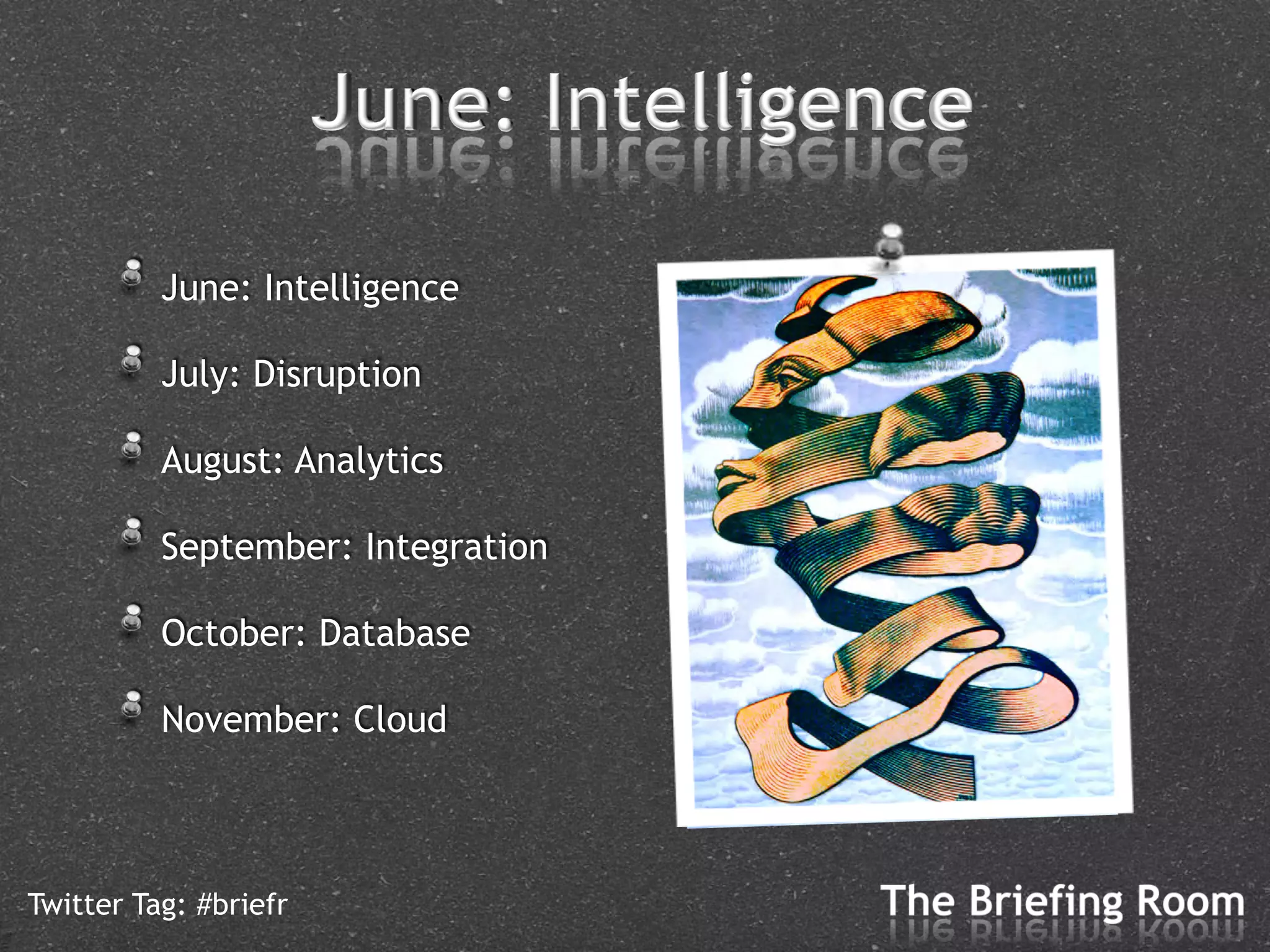 !   June: Intelligence
      !   July: Disruption
      !   August: Analytics
      !   September: Integration
      !   October: Database
      !   November: Cloud

Twitter Tag: #briefr
 