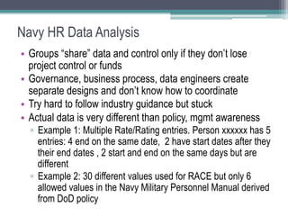 Navy HR Data Analysis
•  Groups “share” data and control only if they don’t lose
   project control or funds
•  Governance, business process, data engineers create
   separate designs and don’t know how to coordinate
•  Try hard to follow industry guidance but stuck
•  Actual data is very different than policy, mgmt awareness
  ▫  Example 1: Multiple Rate/Rating entries. Person xxxxxx has 5
     entries: 4 end on the same date, 2 have start dates after they
     their end dates , 2 start and end on the same days but are
     different
  ▫  Example 2: 30 different values used for RACE but only 6
     allowed values in the Navy Military Personnel Manual derived
     from DoD policy
 