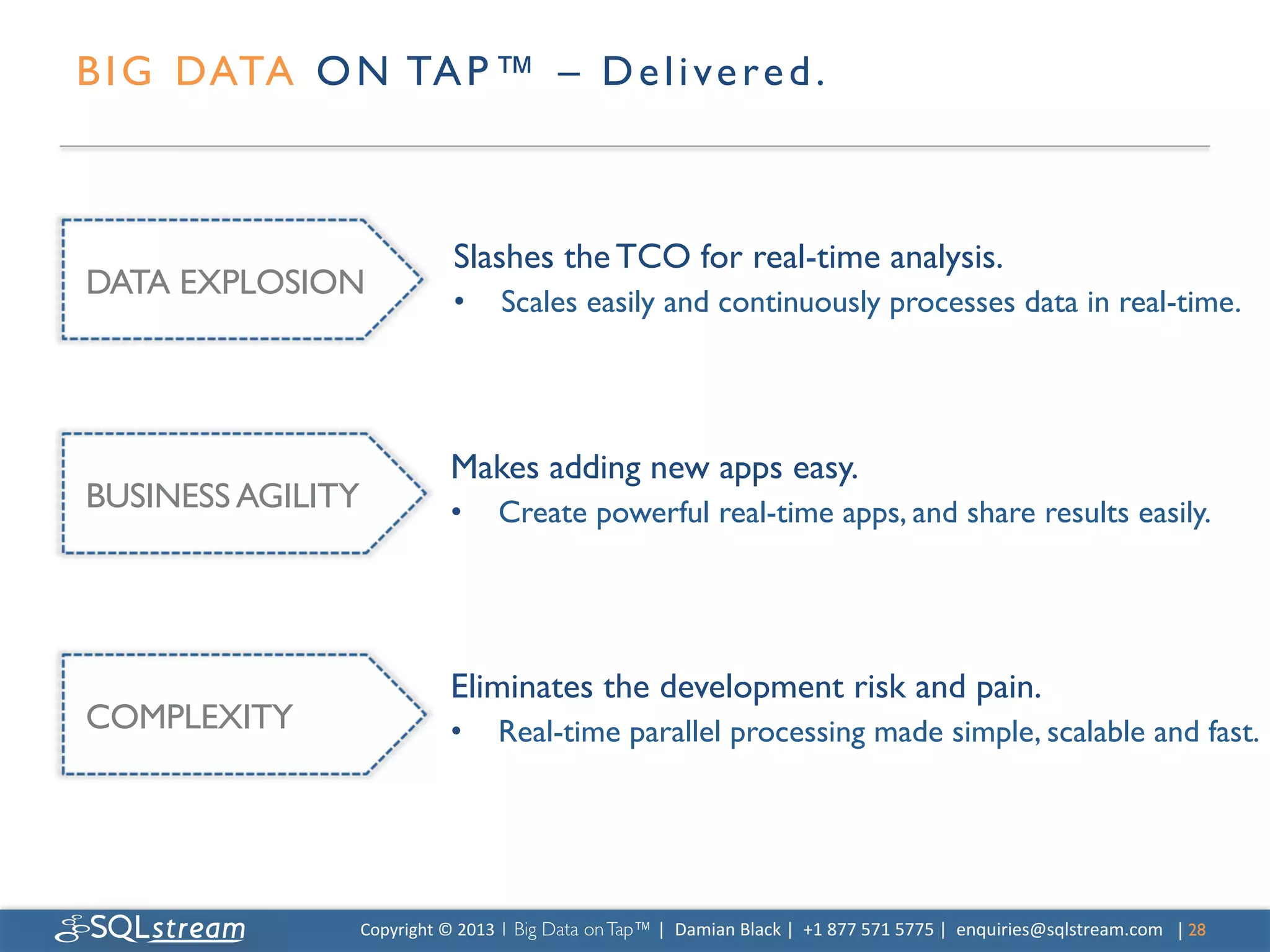B I G DATA O N TA P ™ – D e l i v e r e d . 	




                                  Slashes the TCO for real-time analysis.	

DATA EXPLOSION	

                                  •       Scales easily and continuously processes data in real-time.	





                                 Makes adding new apps easy.	

BUSINESS AGILITY	

              •        Create powerful real-time apps, and share results easily.	





                                 Eliminates the development risk and pain.	

COMPLEXITY	

                    •        Real-time parallel processing made simple, scalable and fast.	





                  Copyright	
  ©	
  2013	
  1 Big Data on Tap™ |	
  	
  Damian	
  Black	
  |	
  	
  +1	
  877	
  571	
  5775	
  |	
  	
  enquiries@sqlstream.com | 28	

                                                                                                                                                                	

 