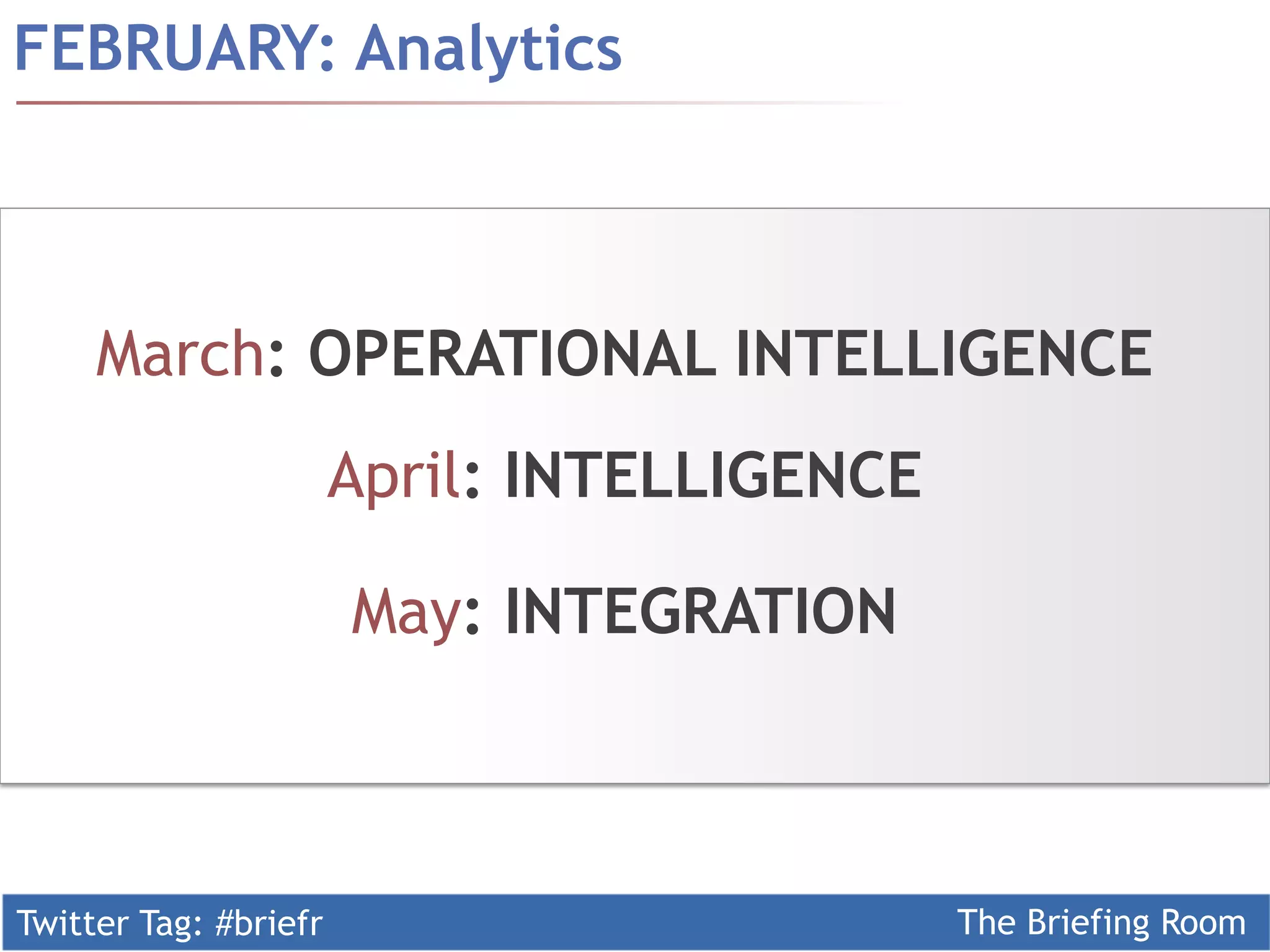 FEBRUARY: Analytics



     March: OPERATIONAL INTELLIGENCE
                       April: INTELLIGENCE

                       May: INTEGRATION



Twitter Tag: #briefr                         The Briefing Room
 