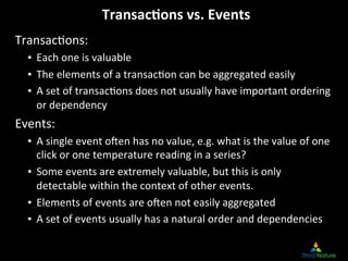 Transac.ons	
  vs.	
  Events
                                                        	
  
Transac8ons:	
  
   ▪  Each	
  one	
  is	
  valuable	
  
   ▪  The	
  elements	
  of	
  a	
  transac8on	
  can	
  be	
  aggregated	
  easily	
  
   ▪  A	
  set	
  of	
  transac8ons	
  does	
  not	
  usually	
  have	
  important	
  ordering	
  
      or	
  dependency	
  
Events:	
  
   ▪  A	
  single	
  event	
  oUen	
  has	
  no	
  value,	
  e.g.	
  what	
  is	
  the	
  value	
  of	
  one	
  
      click	
  or	
  one	
  temperature	
  reading	
  in	
  a	
  series?	
  
   ▪  Some	
  events	
  are	
  extremely	
  valuable,	
  but	
  this	
  is	
  only	
  
      detectable	
  within	
  the	
  context	
  of	
  other	
  events.	
  
   ▪  Elements	
  of	
  events	
  are	
  oUen	
  not	
  easily	
  aggregated	
  
   ▪  A	
  set	
  of	
  events	
  usually	
  has	
  a	
  natural	
  order	
  and	
  dependencies	
  
 